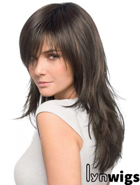 Ibuywig Best Quality Realistic Brown Straight Remy Human Hair Easy Long Wigs With Bangs