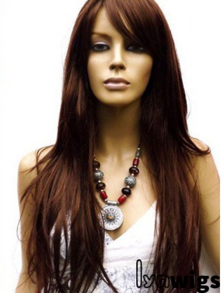 Human Hair Wig Long Length Auburn Color Lace Front With Bangs