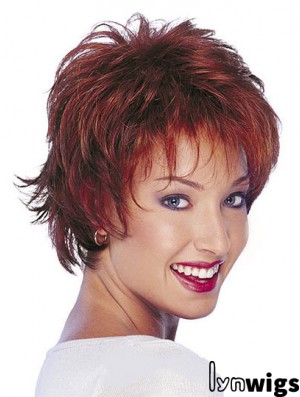 Human Hair Natural Wavy Wigs With Capless Short Length Red Color