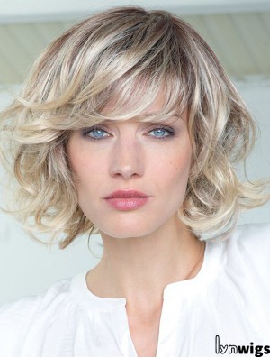 Human Hair Curly Wigs With Bangs Monofilament Shoulder Length Blonde Color