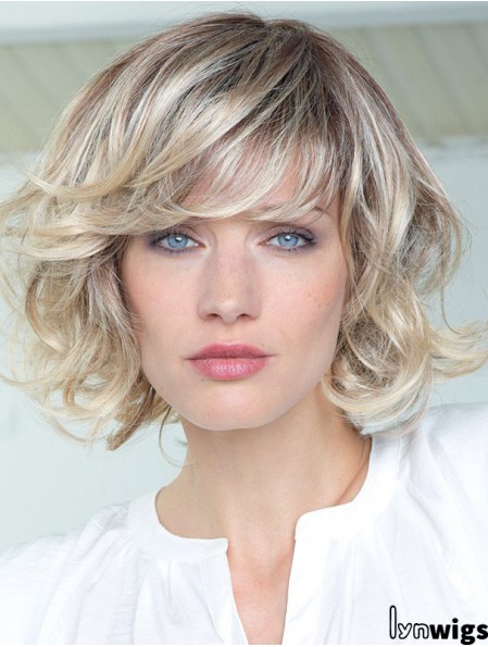 Human Hair Curly Wigs With Bangs Monofilament Shoulder Length Blonde Color