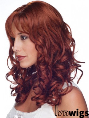 16 inch Red Remy Human Curly Long With Bangs Monofilament Wig Sale UK