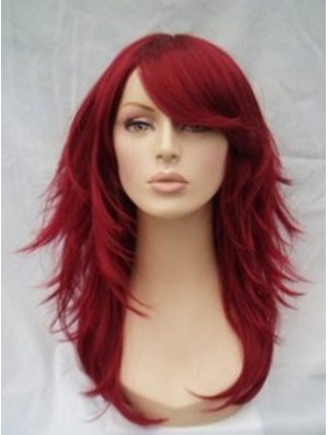 Red Human Hair Wigs Full Wig With Bangs Wavy Style Shoulder Length