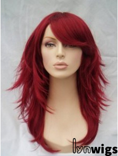 Red Human Hair Wigs Full Wig With Bangs Wavy Style Shoulder Length