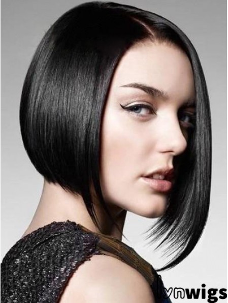 Remy Human Monofilament Chin Length Straight Black Bob Wig