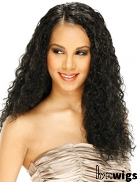 Human Hair Lace Front Wig Curly Style Long Length Black Color