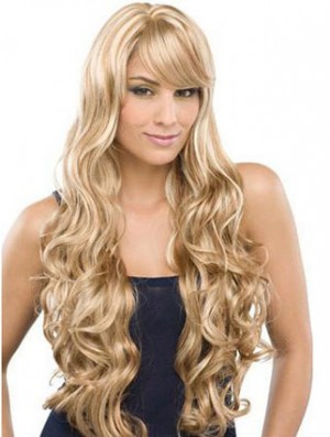 Long 100% Hand Tied Wavy With Bangs Monofilament Lace Front Wigs