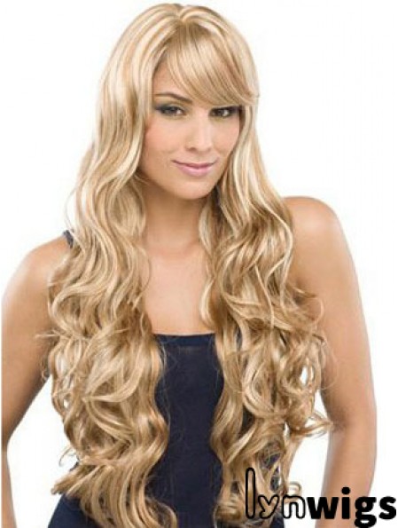 Long 100% Hand Tied Wavy With Bangs Monofilament Lace Front Wigs