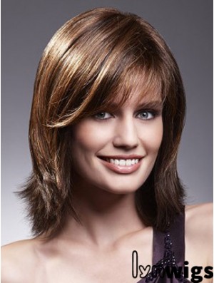 Human Hair Lace Front Wigs With Bangs Brown Color Shoulder Length