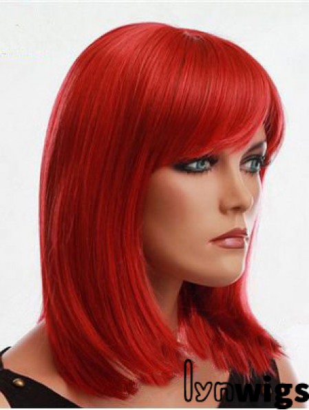 Human Hair Red Wig With Bangs Capless Red Color Straight Style