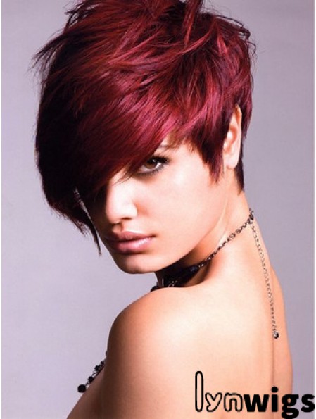 Human Hair Lace Front Wig With Bangs Short Length Red Color