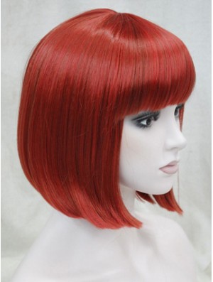 Human Hair Lace Front Wig Chin Length With Bangs Red Color