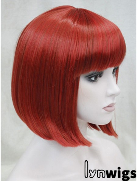 Human Hair Lace Front Wig Chin Length With Bangs Red Color