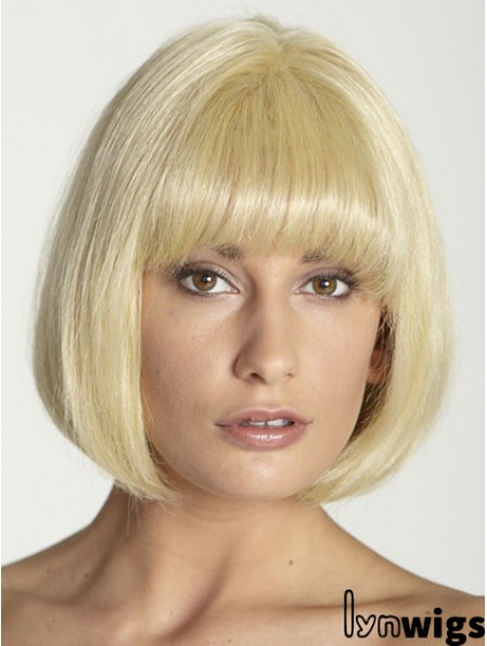 Blonde Straight Chin Length Bobs 100% Hand-tied Cheap Human Hair Wigs With Bangs