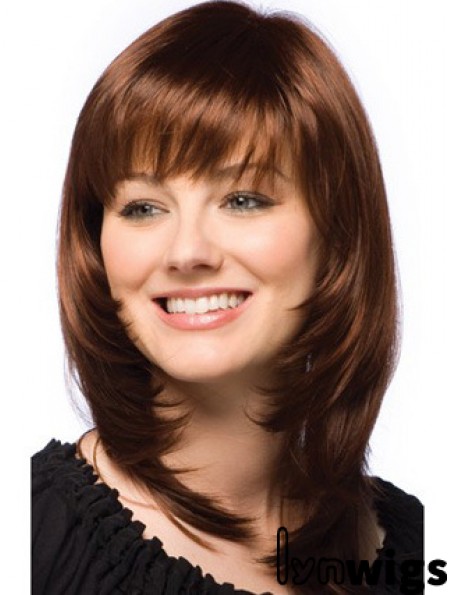 Fashionable Auburn Straight Shoulder Length Human Hair Wigs With Bangs