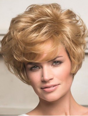 Human Hair Front Lace Wigs Short Length Wavy Style Layered Cut