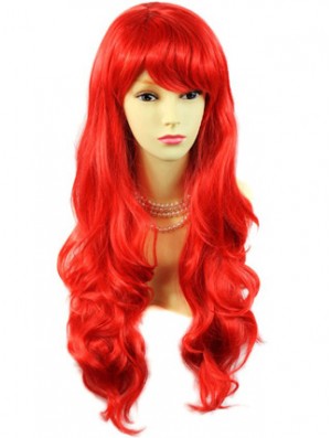 Hot Sale Human Hair Long Wavy With Bangs 24 Inches Red Wigs 