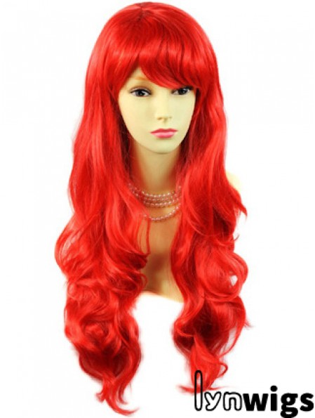 Hot Sale Human Hair Long Wavy With Bangs 24 Inches Red Wigs 