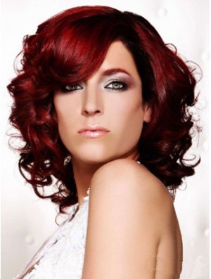 Curly With Bangs Shoulder Length Red Ideal Lace Front Wigs