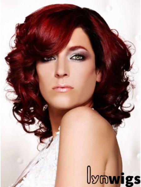 Curly With Bangs Shoulder Length Red Ideal Lace Front Wigs