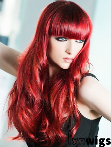 Capless Wavy 22 inch With Bangs Long Red Human Hair