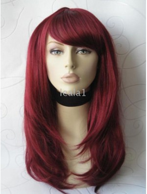 Front Lace Wig With Bangs Long Length Straight Style Red Color