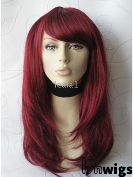 Front Lace Wig With Bangs Long Length Straight Style Red Color