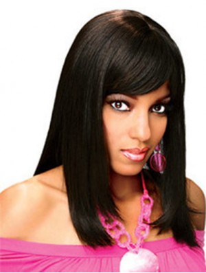 Full Human Hair Wigs With Bangs Full Lace Shoulder Length Black Color