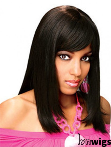 Full Human Hair Wigs With Bangs Full Lace Shoulder Length Black Color