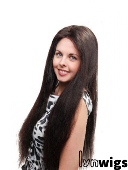 Straight Without Bangs 100% Hand-tied Sleek 26 inch Black Long Wigs