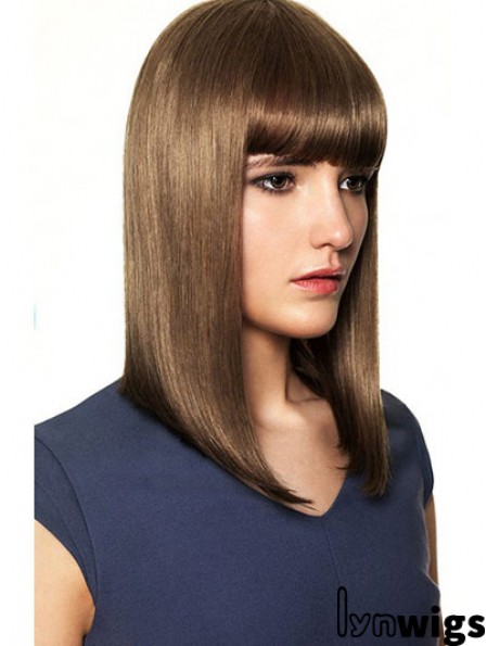 With Bangs High Quality Straight Brown Shoulder Length Human Hair Wigs