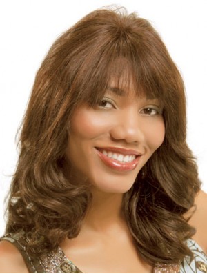 Wavy Monofilam Brown With Bangs Long Cheap Monofilament Wigs