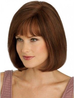 Real Hair Long Bob Wigs With Monofilament Straight Style Auburn Color