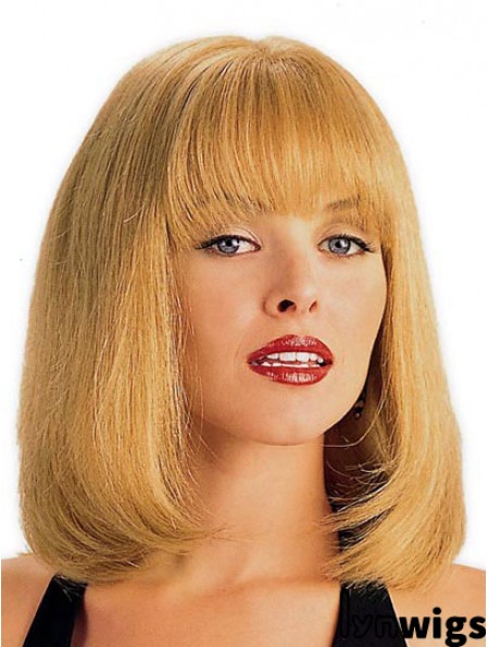 Human Hair Wig Blonde With Bangs Straight Style Shoulder Length