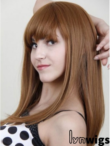 With Bangs Stylish Straight Auburn Long Human Hair Wigs