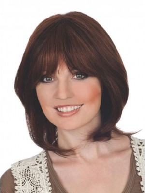 Suitable 12 inch Auburn Chin Length With Bangs Straight Lace Wigs