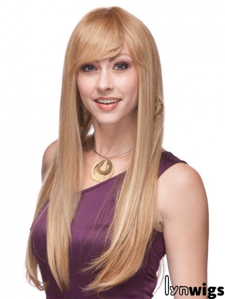 Straight With Bangs Monofilament Blonde Top Long Wigs