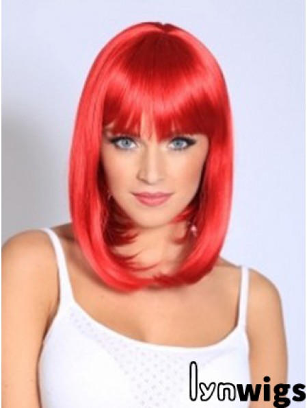 Straight With Bangs Shoulder Length Red Fashionable Lace Front Wigs