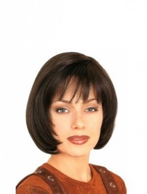 With Bangs Durable Straight Brown Chin Length Human Hair Wigs