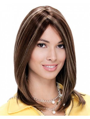 16 inch Brown Shoulder Length Layered Straight Natural Lace Wigs