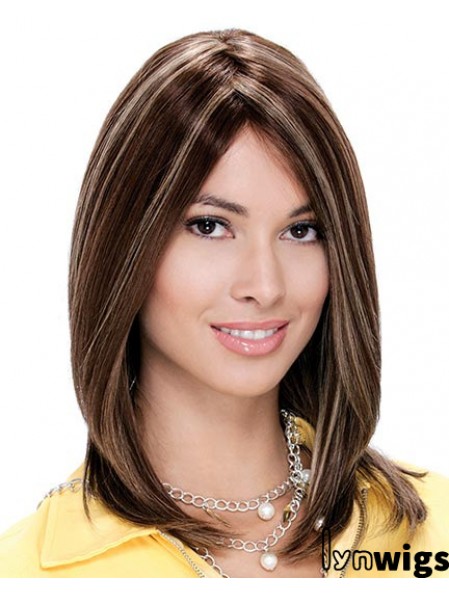 16 inch Brown Shoulder Length Layered Straight Natural Lace Wigs