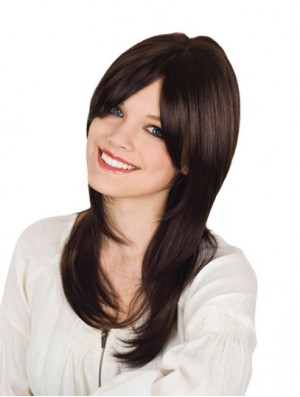 With Bangs Long Brown Wavy 16 inch Durable Human Hair Wigs