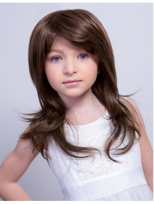 Monofilament 15 inch Straight Long With Bangs Brown Remy Human Hair Kids Wigs Cheap