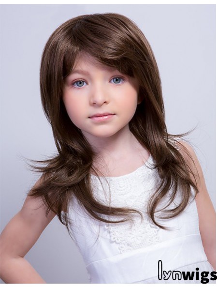 Monofilament 15 inch Straight Long With Bangs Brown Remy Human Hair Kids Wigs Cheap