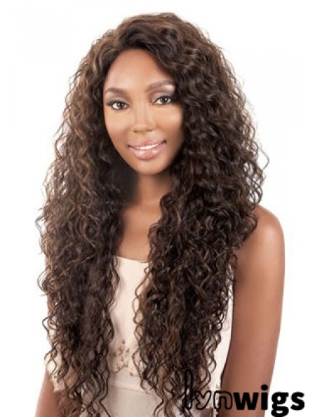 Long Brown Kinky Without Bangs Durable African American Wigs