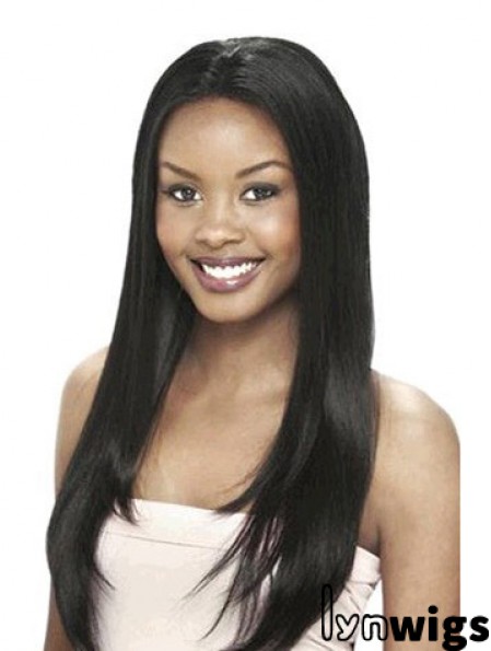 Without Bangs Designed Yaki Black Long Human Hair Lace Front Wigs