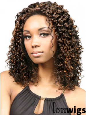 Durable Shoulder Length Kinky 18 inch Synthetic Glueless Lace Front Wigs