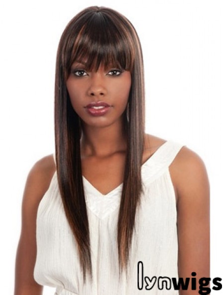 Long Brown Yaki With Bangs Fashionable African American Wigs