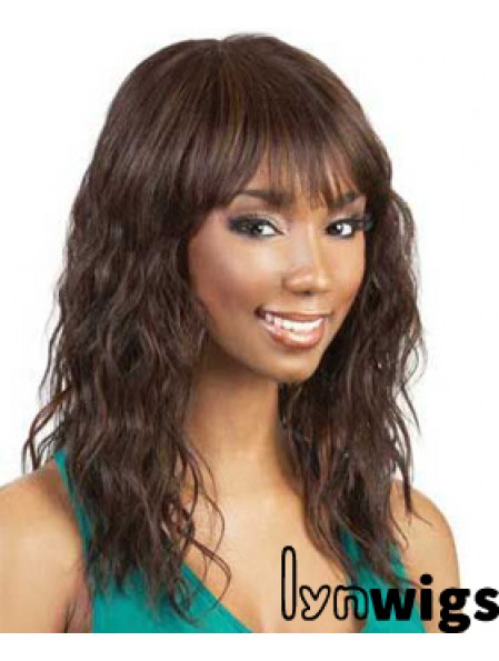 Shoulder Length Auburn Wavy With Bangs Soft African American Wigs