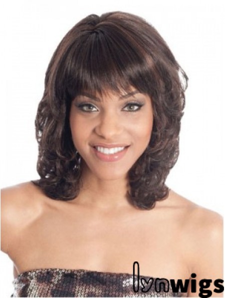 Shoulder Length Brown Wavy With Bangs Fashion African American Wigs